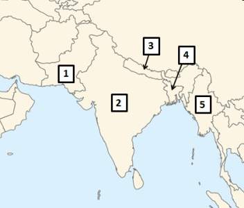 On the map above, india is located at number  a.1 b.2 c.3 d.4