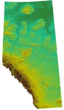 The map above, which displays features and levels of elevation within alberta, canada, can best be d