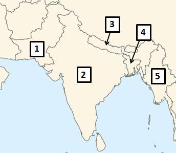 On the map above, bangladesh is located at number and nepal is located at number  a. 4
