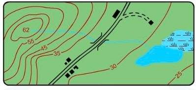 Which statement describes the land between contour lines 30 and 35 a.  the l