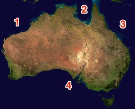 Which number represents the coral sea?  a) 1  b) 2  c) 3  d) 4