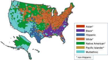 The above map shows the most common racial groups in each us county in 2000. how does the map show t