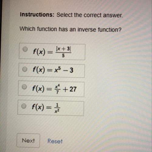 Algebra 2 ! which function has an inverse function? 15 points!