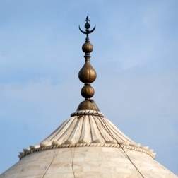 The image shows a close-up photograph of a structure, called a finial, atop the main dome of the taj