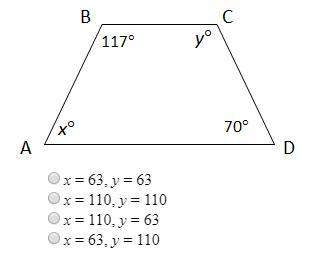 Abcd is a trapezoid. find the value of x and y.