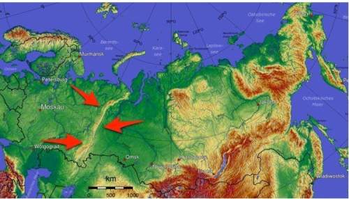 The red arrows are pointing to what geographic feature of russia?  a) alps  b) himalayas