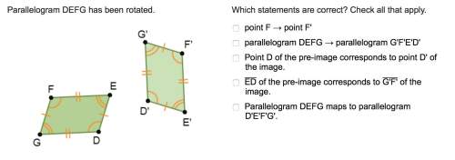 Parallelogram defg has been rotated. which statements are correct? check all that apply.