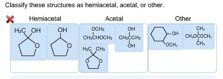 Classify these structures as hemiacetal, acetal, or other.
