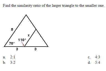 Find the similarity ratio of the larger triangle to the smaller one.