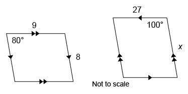 The two parallelograms in the figure are similar. what is the value of x?  a. 26 b