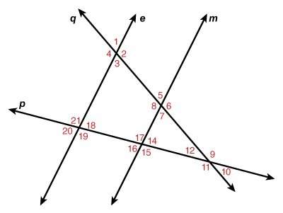 In the diagram, lines e and m are parallel to each other and lines p and q are transversals. use pro