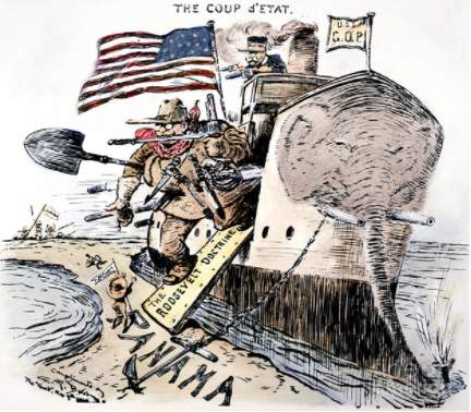 What message is the cartoonist trying to convey about the american involvement in panama and the con
