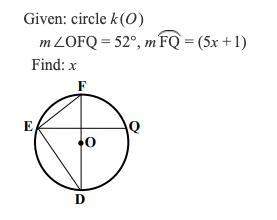 Given: circle k(o) m∠ofq = 52°, m fq = (5x+1) find: x