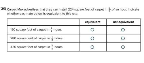 Carpet max advertises taht they can install 224 square feet of carpet in 2/5 an hour. indicate which