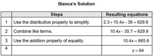 Bianca wrote the steps for her solution to the equation 2.3 + 8(1.3x – 4.75) = 629.9. she left out t