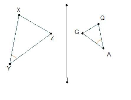 Two similar triangles are shown. triangle xyz was dilated, then to create t