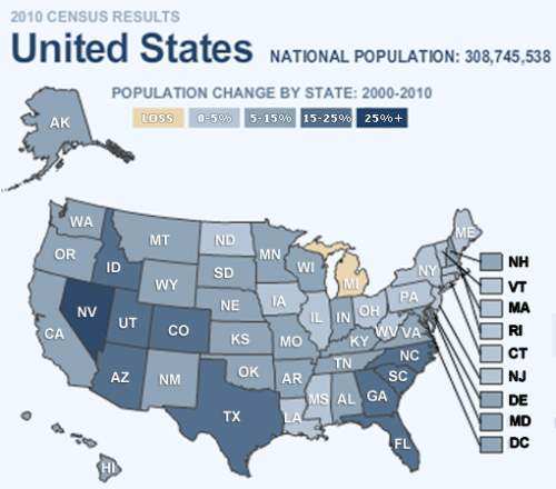 Between 2000 and 2010, which state had a population growth of 15–25 percent?  alabama