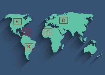 Five locations are marked on the world map. which location is most prone to hurricanes?