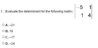 Evaluate the determinant for the following matrix: !