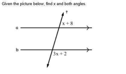 Given the picture below, find x and both angles.