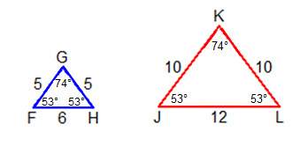 Me 50 pts which statement is true of triangles fgh and jkl?  they are similar bec