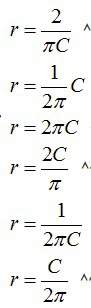Solve the following formula for r: c=2πr  choose all equivalent variations of your answer.