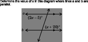 Determine the value of x in the diagram where lines a and b are parallel  25° 15°&lt;