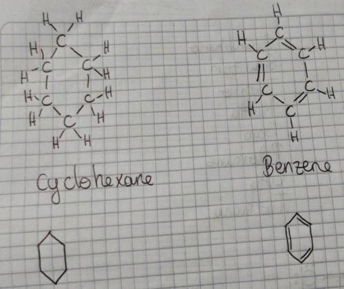 Draw the structures of cyclohexane and benzene. Show all hydrogen atoms. Cyclohexane, C6H12 (six C i