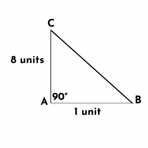 In triangle ABC, the measure of angle A is 90°. The length of AB is 1 unit. The length of AC is 8 un