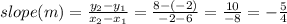 slope (m) = \frac{y_2 - y_1}{x_2 - x_1} = \frac{8 -(-2)}{-2 - 6} = \frac{10}{-8} = -\frac{5}{4}