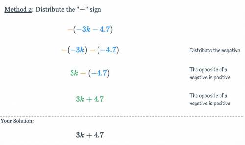 Write an

 
equivalent expression by distributing the - sign outside the parentheses:
-(-3k – 4.7)