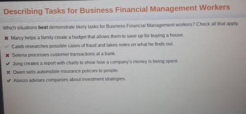 Which situations best demonstrate likely tasks for Business Financial Management workers? Check all