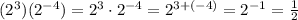 (2^3)(2^{-4})=2^3\cdot 2^{-4}=2^{3+(-4)}=2^{-1}=\frac{1}{2}