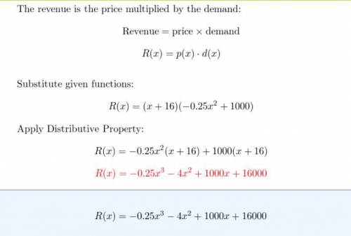 The demand d for a company’s product at cost x is predicted by the function d(x) = 500 – 2x. The pri