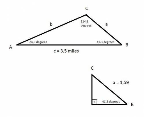 The angles of elevation of a balloon from two points A and C on level ground are 24.5 and 41.3, resp