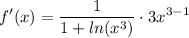 \displaystyle f'(x) = \frac{1}{1 + ln(x^3)} \cdot 3x^{3 - 1}