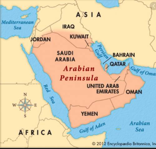 Where is the Arabian Peninsula located?

a.
the northwest corner of Asia
c.
the northeast corner of