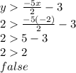 y  \frac{-5x}{2} -3\\2  \frac{-5(-2)}{2} - 3\\2  5 - 3\\2  2\\false