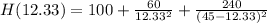 H(12.33) = 100 + \frac{60}{12.33^2} + \frac{240}{(45 - 12.33)^2}
