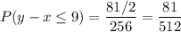 $P(y-x \leq 9) = \frac{81/2}{256} =\frac{81}{512}$
