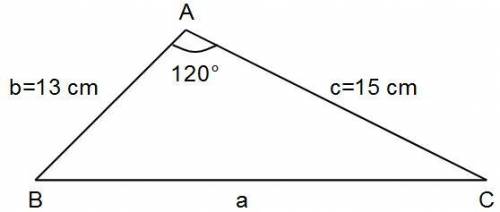 Given ∆ABC, m∠A=120°,b=13 cm,c=15 cm. Find the length of side a. Draw the triangle and label it. Sho