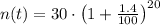 n(t) = 30\cdot \left(1+\frac{1.4}{100} \right)^{20}