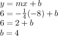 y=mx+b\\6=-\frac{1}{4}(-8)+b\\6=2+b\\b=4