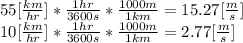 55[\frac{km}{hr}]*\frac{1hr}{3600s}*\frac{1000m}{1km} =15.27[\frac{m}{s} ]\\10[\frac{km}{hr} ]*\frac{1hr}{3600s}*\frac{1000m}{1km} = 2.77[\frac{m}{s} ]