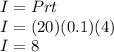 I=Prt\\I=(20)(0.1)(4)\\I=8