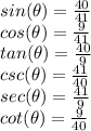 sin(\theta)=\frac{40}{41} \\cos(\theta)=\frac{9}{41} \\tan(\theta)=\frac{40}{9}\\csc(\theta)=\frac{41}{40} \\sec(\theta)=\frac{41}{9} \\cot(\theta)=\frac{9}{40}