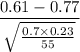 $\frac{0.61 - 0.77}{\sqrt{\frac{0.7 \times 0.23}{55}}}$
