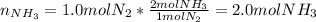 n_{NH_3}=1.0molN_2*\frac{2molNH_3}{1molN_2} =2.0molNH_3