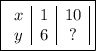 \boxed{\begin{array}{c|c|c|}x & 1 & 10 \\ y & 6 & ?\end{array}}