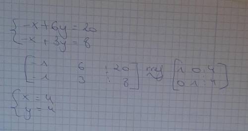 use Gauss-Jordan elimination to solve the following linear system

-x+6y=20-x+3y=8